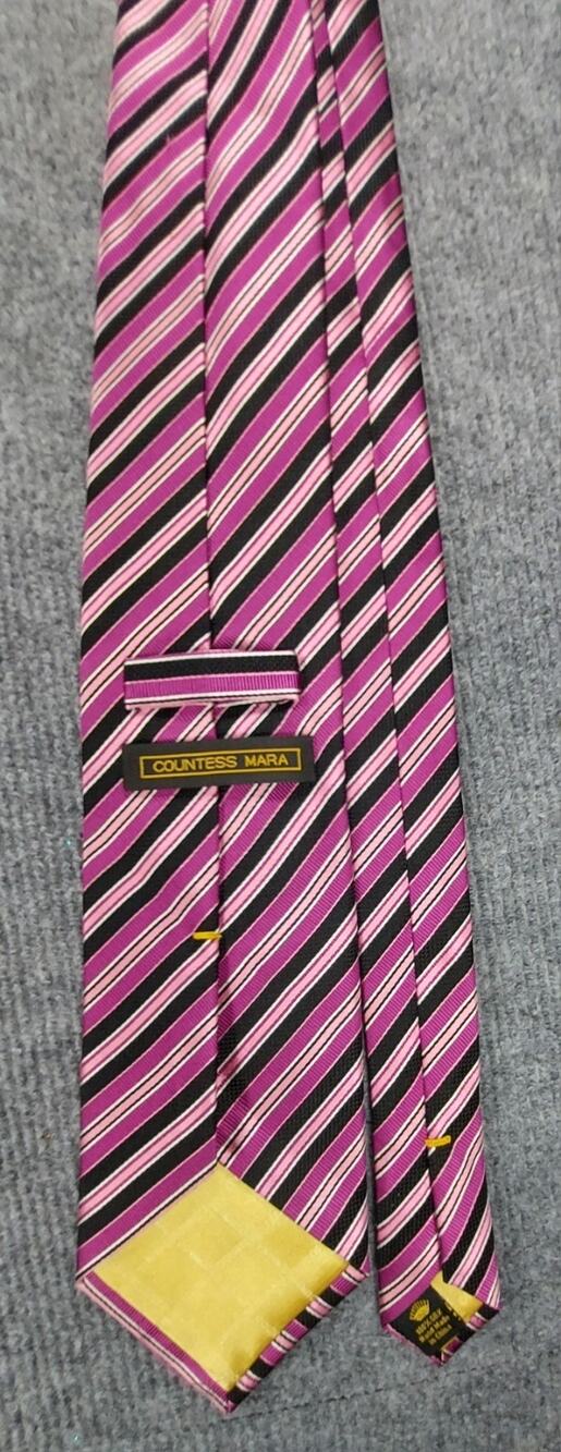 Countess Mara Men's Necktie 100% Silk Diagonal Striped Pink Black White